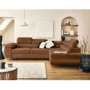 LISA DESIGN Zaria - canapé d'angle droit 5 places convertible avec coffre et têtières en velours côtelé grosses côtes - Rouille pas cher
