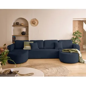 BESTMOBILIER Miro - canapé panoramique en U 7 places - convertible avec coffre - en velours texturé - Bleu pas cher