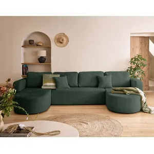 BESTMOBILIER Miro - canapé panoramique en U 7 places - convertible avec coffre - en velours texturé - Vert pas cher