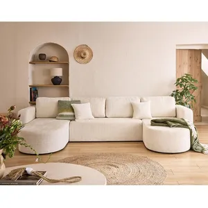 BESTMOBILIER Miro - canapé panoramique en U 7 places - convertible avec coffre - en velours texturé - Beige pas cher