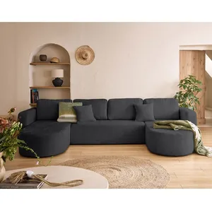 BESTMOBILIER Miro - canapé panoramique en U 7 places - convertible avec coffre - en velours texturé - Gris Anthracite pas cher
