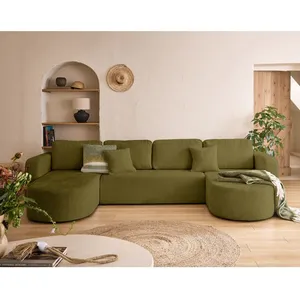 BESTMOBILIER Miro - canapé panoramique en U 7 places - convertible avec coffre - en velours texturé - Vert Olive pas cher