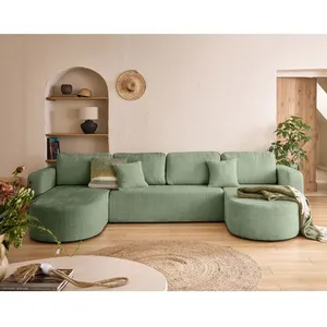 BESTMOBILIER Miro - canapé panoramique en U 7 places - convertible avec coffre - en velours texturé - Vert sauge pas cher