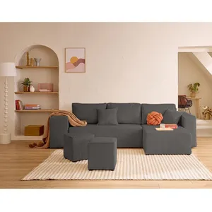 BESTMOBILIER Topaze - canapé d'angle réversible 4 places - convertible avec coffre, tablette et poufs - en velours côtelé - Gris pas cher