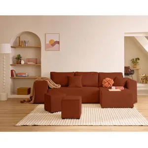 BESTMOBILIER Topaze - canapé d'angle réversible 4 places - convertible avec coffre, tablette et poufs - en velours côtelé - Terracotta pas cher