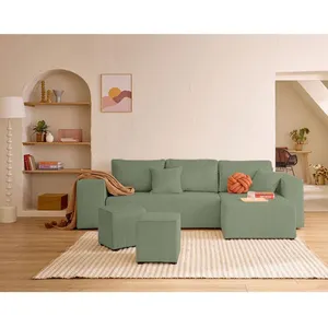 BESTMOBILIER Topaze - canapé d'angle réversible 4 places - convertible avec coffre, tablette et poufs - en velours côtelé - Vert sauge pas cher