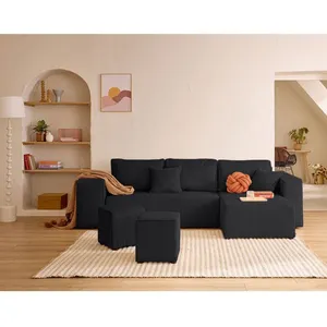 BESTMOBILIER Topaze - canapé d'angle réversible 4 places - convertible avec coffre, tablette et poufs - en velours côtelé - Noir pas cher
