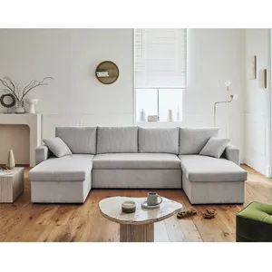 BESTMOBILIER Cyrus - canapé panoramique en U - 7 places - convertible avec coffre - en velours côtelé - Gris clair pas cher