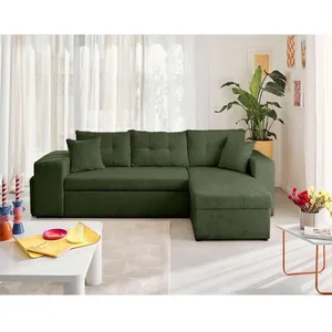 BESTMOBILIER California - canapé d'angle réversible 4 places - convertible avec coffre, étagère et poufs - en velours texturé - Vert pas cher