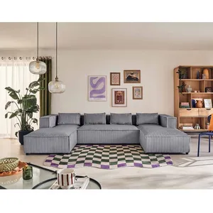 LISA DESIGN Stella - canapé panoramique en U - 7 places - en velours côtelé grosses côtes - Gris pas cher