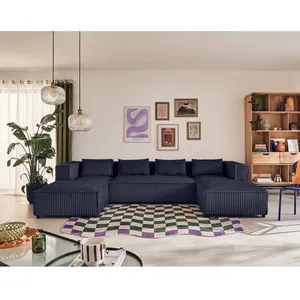 LISA DESIGN Stella - canapé panoramique en U - 7 places - en velours côtelé grosses côtes - Bleu marine