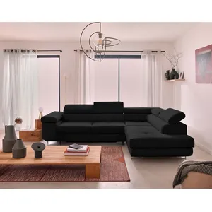 BESTMOBILIER Zaria - canapé d'angle droit - convertible avec coffre et têtières réglables - 5 places - en velours côtelé - Noir pas cher