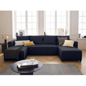 BESTMOBILIER Regala - canapé panoramique - 7 places - convertible avec coffre - en tissu - Bleu pas cher