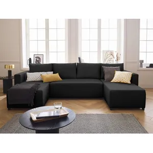 BESTMOBILIER Regala - canapé panoramique - 7 places - convertible avec coffre - en tissu - Noir pas cher