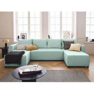 BESTMOBILIER Regala - canapé panoramique - 7 places - convertible avec coffre - en tissu - Bleu ciel pas cher