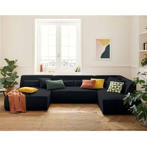 Canapé panoramique d'angle droit 7 places en velours côtelé noir - BESTMOBILIER pas cher