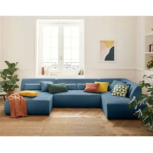 BESTMOBILIER Onyx - canapé panoramique d'angle droit 7 places - en velours côtelé - Bleu pas cher