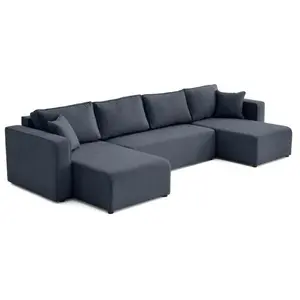 BESTMOBILIER Topaze - canapé panoramique - 7 places - convertible avec coffre - en tissu - Bleu pas cher