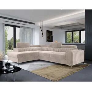 BESTMOBILIER Talisay - canapé d'angle gauche - 5 places - convertible avec coffre - en velours - Beige