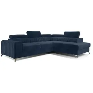 BESTMOBILIER Talisay - canapé d'angle droit - 5 places - convertible avec coffre - en velours - Bleu marine