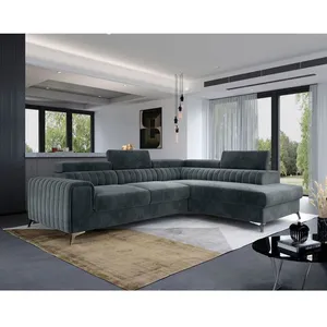 BESTMOBILIER Talisay - canapé d'angle droit - 5 places - convertible avec coffre - en velours - Gris pas cher