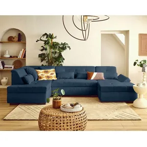 LISA DESIGN Vermont S - canapé panoramique d'angle gauche 7 places en velours côtelé - Bleu pas cher