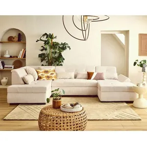 LISA DESIGN Vermont S - canapé panoramique d'angle gauche 7 places en velours côtelé - Beige pas cher