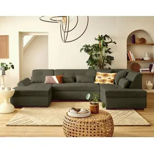 LISA DESIGN Vermont S - canapé panoramique d'angle droit 7 places en velours côtelé - Vert Kaki pas cher
