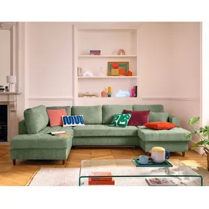 LISA DESIGN Anna - canapé panoramique d'angle gauche 7 places convertible avec coffre en velours texturé - Vert sauge pas cher