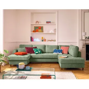 LISA DESIGN Anna - canapé panoramique d'angle droit 7 places convertible avec coffre en velours texturé - Vert sauge