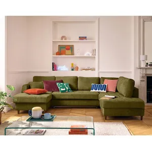 LISA DESIGN Anna - canapé panoramique d'angle droit 7 places convertible avec coffre en velours texturé - Vert Olive