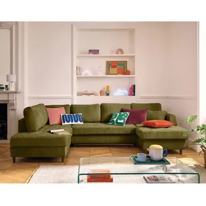 LISA DESIGN Anna - canapé panoramique d'angle gauche 7 places convertible avec coffre en velours texturé - Vert Olive pas cher