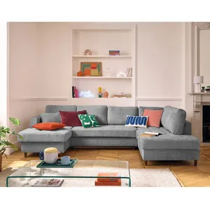 LISA DESIGN Anna - canapé panoramique d'angle droit 7 places convertible avec coffre en velours texturé - Gris