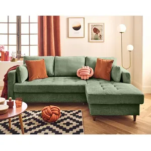 LISA DESIGN Anna - canapé d'angle droit 4 places convertible avec coffre en velours texturé - Vert sauge pas cher