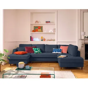 LISA DESIGN Anna - canapé panoramique d'angle droit 7 places convertible avec coffre en velours texturé - Bleu pas cher