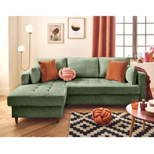 LISA DESIGN Anna - canapé d'angle gauche 4 places convertible avec coffre en velours texturé - Vert sauge pas cher
