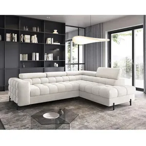 BESTMOBILIER Elisa - canapé d'angle droit 5 places convertible avec coffre et têtières réglables en tissu bouclette - Blanc pas cher
