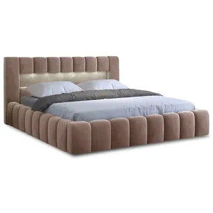 BESTMOBILIER Cleo - lit coffre avec led - 180x200 cm - sommier inclus - en velours - Taupe pas cher