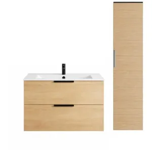 Meuble salle de bain simple vasque BURGBAD Olena 90 cm chêne clair + colonne de salle de bainVendu parcdiscount