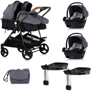 DUO SMART Poussette jumeaux ou enfants rapprochés largeur 79 cm Gris + 2 cosy i-Size gris avec base Isofix