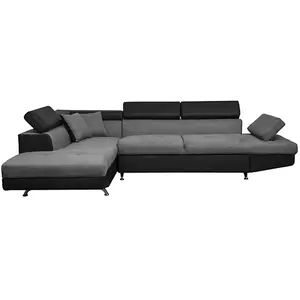 LOUNGITUDE Canapé d'angle RIO Convertible avec coffre en microfibre et simili - Angle Gauche, Gris et Noir pas cher