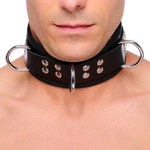 Collier en cuir 3 anneaux D Noir pas cher