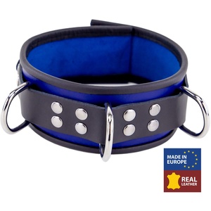 Collier en cuir - 3 anneaux D - Bleu/Noir   pas cher