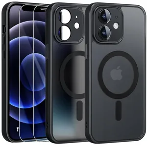 HQSELECTION Coque Noir Magnétique pour iPhone 12 MINI et 2 Verre Trempé, Compatible avec MagSafe,Protection Camera,Translucide Antichoc pas cher