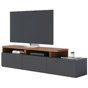 Meuble TV Bar 70 Pouces Chêne et Anthracite 3 Portes 6 Niches L 210 H ... pas cher