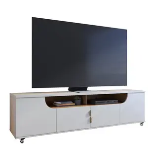 ACTUAL DIFFUSION Meuble TV - SANTORINI - 75 Pouces - Blanc Ecru - Imitation Chêne - 4 Portes 8 Niches pas cher