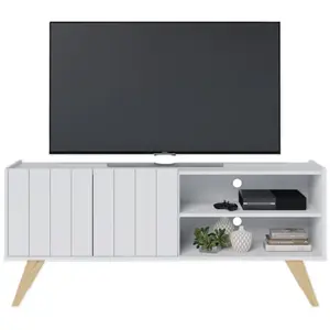 ACTUAL DIFFUSION Meuble TV Bar 55 Pouces Blanc Pieds Bois 2 Portes 3 Niches L 135.8 H 58.7 P 36.1cm - L 135.8 x l 36.1 x H 58.7 cm pas cher