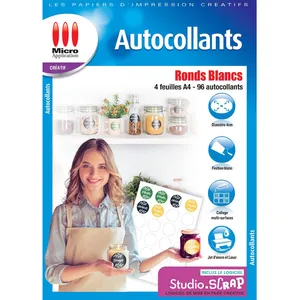 Pack de 4 feuilles A4 autocollants ronds Micro Application Blanc pas cher