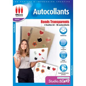 Pack de 4 feuilles A4 autocollants ronds Micro Application Transparent pas cher