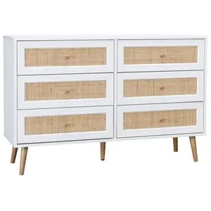 SWEEEK Commode effet bois et cannage 6 tiroirs Bohème. blanc - 120x39x79cm pas cher